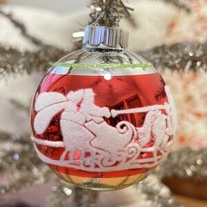 3"‎ Radko Shiny Brite Stenciled Flocked Ornament Santa Sleigh Ride Red Green Mcm